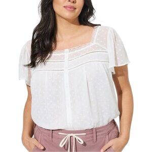 Torrid 2 Sz 2X 18 White Clip Dot Chiffon Lace-Trim Square Neck Blouse Top